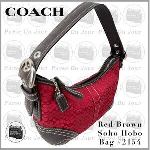 Coach Small Soho Hobo Purse Red Small Signature C Canvas Brown Leather Trim 2154